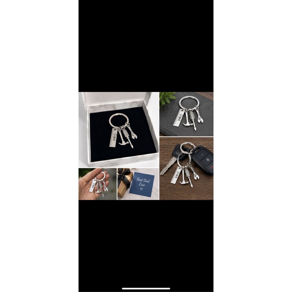Dad Tool Charm Keychain Hammer Screwdriver Wrench Silver Tone Gift